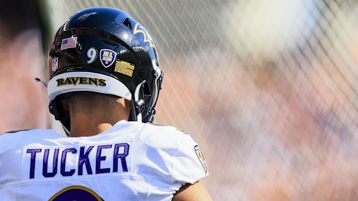 Oct 6, 2024; Cincinnati, Ohio, USA; A general view of the helmet of Baltimore Ravens kicker Justin Tucker (9) as he prepares on the sidelines in the second half against the Cincinnati Bengals at Paycor Stadium. Mandatory Credit: Katie Stratman-Imagn Images