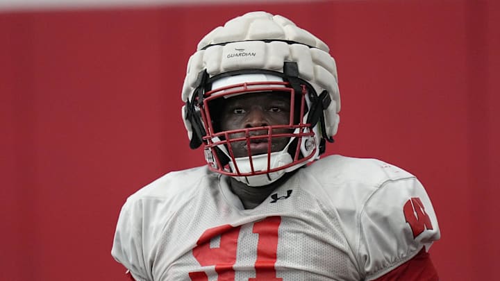 Wisconsin defensive lineman Jamel Howard Jr. (91) is shown during spring football practice Thursday, April 25, 2024 in Madison, Wisconsin. The Wisconsin Badgers football team plays their season opener against Western Michigan on August 31.