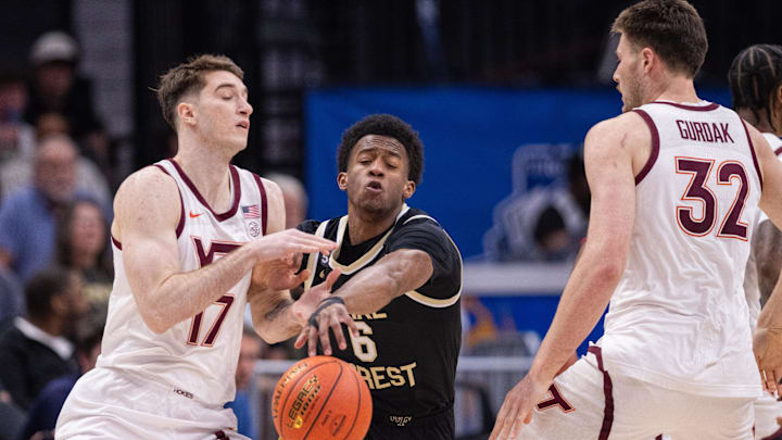 March 10, 2026: Wake Forest Demon Deacons guard Myles Colvin (6) knocks the ball away from Virginia Tech Hokies guard Neoklis Avdalas (17) during the first half of the 2025 ACC Men's Baskeetball Championship at Spectrum Center in Charlotte, NC. (Scott Kinser) March 10, 2026: Wake Forest Demon Deacons guard Myles Colvin (6) knocks the ball away from Virginia Tech Hokies guard Neoklis Avdalas (17) during the first half of the 2025 ACC Men's Baskeetball Championship at Spectrum Center in Charlotte, NC. (Scott Kinser)