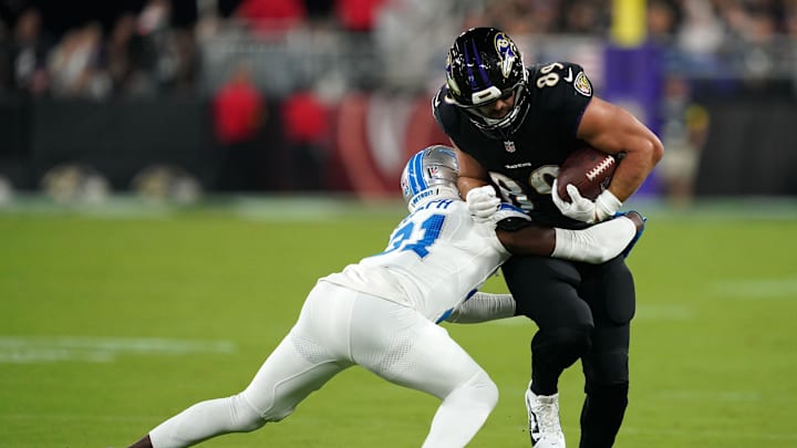 Sep 22, 2025; Baltimore, Maryland, USA; Baltimore Ravens tight end Mark Andrews (89) makes a catch against Detroit Lions safety Kerby Joseph (31) during the first half at M&T Bank Stadium. Mandatory Credit: Mitch Stringer-Imagn Images Sep 22, 2025; Baltimore, Maryland, USA; Baltimore Ravens tight end Mark Andrews (89) makes a catch against Detroit Lions safety Kerby Joseph (31) during the first half at M&T Bank Stadium. Mandatory Credit: Mitch Stringer-Imagn Images