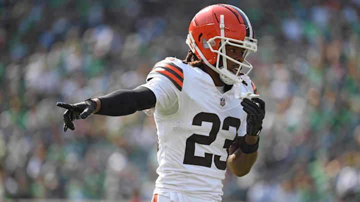 Oct 13, 2024; Philadelphia, Pennsylvania, USA; Cleveland Browns cornerback Martin Emerson Jr. (23) against the Philadelphia Eagles at Lincoln Financial Field. Mandatory Credit: Eric Hartline-Imagn Images