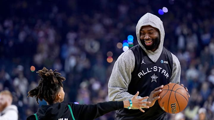 Feb 15, 2025; Oakland, CA, USA; Shaq’s OGs guard Jaylen Brown (7) of the Boston Celtics warms up during the NBA All Star-Practice at Oracle Arena. Mandatory Credit: Cary Edmondson-Imagn Images