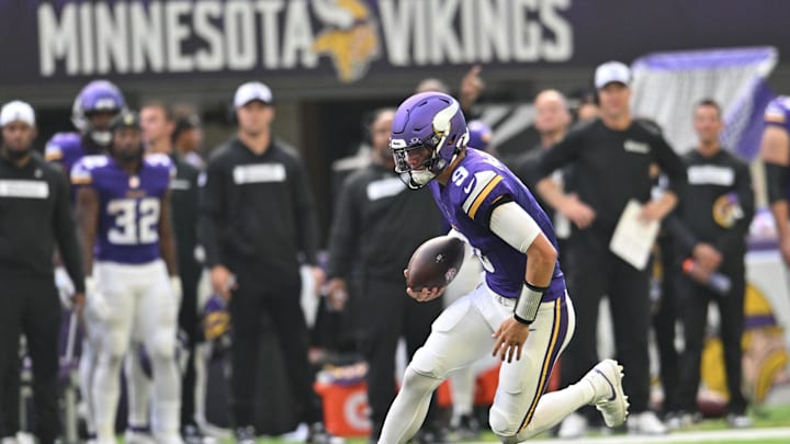 Aug 10, 2024; Minneapolis, Minnesota, USA; Minnesota Vikings quarterback J.J. McCarthy (9) runs the ball during the second quarter against the Las Vegas Raiders at U.S. Bank Stadium.