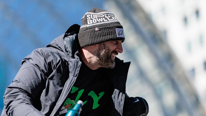 Feb 14, 2025; Philadelphia, PA, USA; Philadelphia Eagles head coach Nick Sirianni celebrates during the Super Bowl LIX championship parade and rally. Mandatory Credit: Caean Couto-Imagn Images