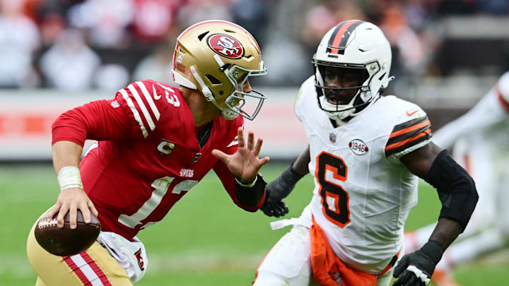 Oct 15, 2023; Cleveland, Ohio, USA; San Francisco 49ers quarterback Brock Purdy (13) scrambles from