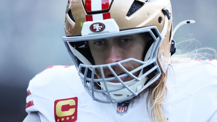 Jan 11, 2026; Philadelphia, PA, USA; San Francisco 49ers tight end George Kittle before action against the Philadelphia Eagles in an NFC Wild Card Round game at Lincoln Financial Field. Mandatory Credit: Bill Streicher-Imagn Images