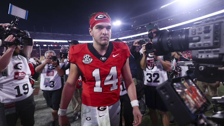 Nov 15, 2025; Athens, Georgia, USA; Georgia Bulldogs quarterback Gunner Stockton (14) looks on after the game against the Texas Longhorns at Sanford Stadium. Mandatory Credit: Brett Davis-Imagn Images
