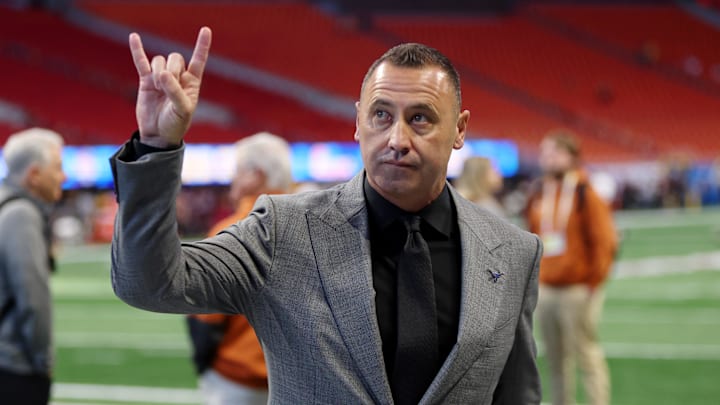 Jan 1, 2025; Atlanta, GA, USA; Texas Longhorns head coach Steve Sarkisian before the Peach Bowl at Mercedes-Benz Stadium. Jan 1, 2025; Atlanta, GA, USA; Texas Longhorns head coach Steve Sarkisian before the Peach Bowl at Mercedes-Benz Stadium.