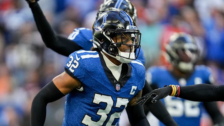 Indianapolis Colts safety Julian Blackmon (32) runs down field after intercepting a pass Sunday, Oct. 22, 2023, during a game against the Cleveland Browns at Lucas Oil Stadium in Indianapolis.