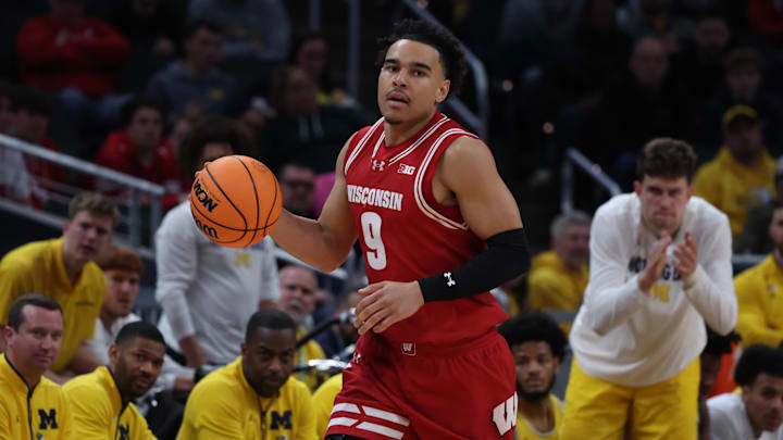 Mar 16, 2025; Indianapolis, IN, USA; Wisconsin Badgers guard John Tonje (9) dribbles downcourt during the second half against the Michigan Wolverines during the 2025 Big Ten Championship Game at Gainbridge Fieldhouse. Mandatory Credit: Trevor Ruszkowski-Imagn Images