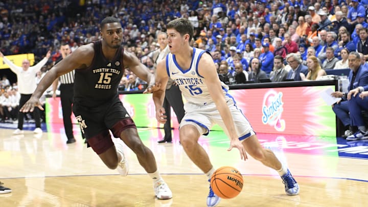 Mar 15, 2024; Nashville, TN, USA; Kentucky Wildcats guard Reed Sheppard (15) drives baseline past Mar 15, 2024; Nashville, TN, USA; Kentucky Wildcats guard Reed Sheppard (15) drives baseline past