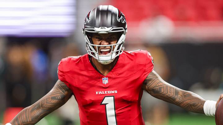 Aug 14, 2026; Atlanta, Georgia, USA; Atlanta Falcons quarterback Tua Tagovailoa (1) warms up before a game against the Denver Broncos at Mercedes-Benz Stadium. 