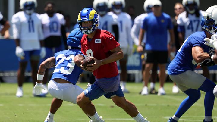 Jul 29, 2026; Los Angeles, CA, USA; Los Angeles Rams quarterback Matthew Stafford (9) looks to pass a ball during training camp at Loyola Marymount University. Mandatory Credit: Kiyoshi Mio-Imagn Images Jul 29, 2026; Los Angeles, CA, USA; Los Angeles Rams quarterback Matthew Stafford (9) looks to pass a ball during training camp at Loyola Marymount University. Mandatory Credit: Kiyoshi Mio-Imagn Images