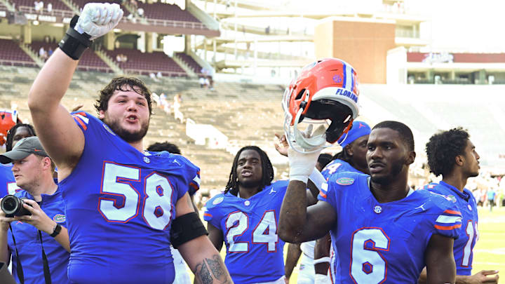 Sep 21, 2024; Starkville, Mississippi, USA; Florida Gators players react after a game against the Mississippi State Bulldogs at Davis Wade Stadium at Scott Field. Mandatory Credit: Matt Bush-Imagn Images Sep 21, 2024; Starkville, Mississippi, USA; Florida Gators players react after a game against the Mississippi State Bulldogs at Davis Wade Stadium at Scott Field. Mandatory Credit: Matt Bush-Imagn Images