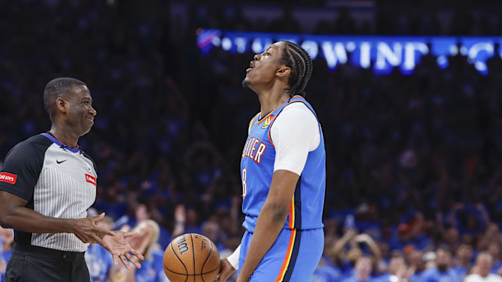 May 9, 2024; Oklahoma City, Oklahoma, USA; Oklahoma City Thunder forward Jalen Williams (8) barks at the crowd after scoring against the Dallas Mavericks during the second half of game two of the second round for the 2024 NBA playoffs at Paycom Center. Mandatory Credit: Alonzo Adams-Imagn Images May 9, 2024; Oklahoma City, Oklahoma, USA; Oklahoma City Thunder forward Jalen Williams (8) barks at the crowd after scoring against the Dallas Mavericks during the second half of game two of the second round for the 2024 NBA playoffs at Paycom Center. Mandatory Credit: Alonzo Adams-Imagn Images