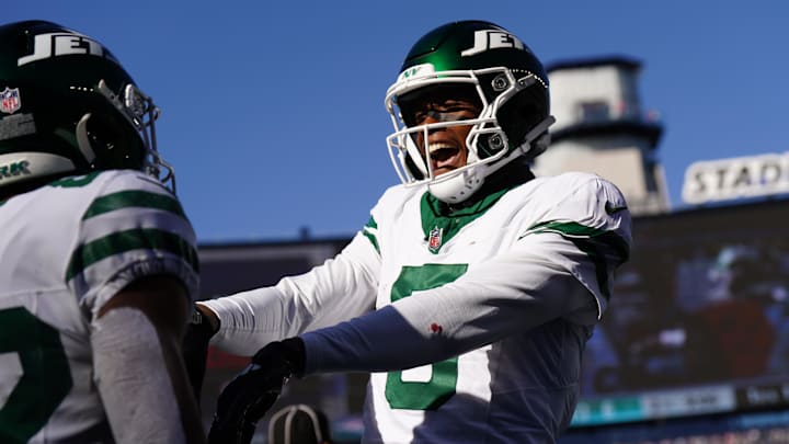 Oct 27, 2024; Foxborough, Massachusetts, USA; New York Jets wide receiver Garrett Wilson (5) congratulates wide receiver Xavier Gipson (82) after his touchdown against the New England Patriots in the second quarter at Gillette Stadium. 