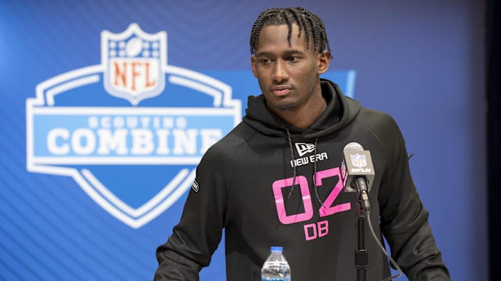Feb 27, 2025; Indianapolis, IN, USA; Louisiana St defensive back Zy Alexander (DB02) during the 2025 NFL Combine at Lucas Oil Stadium. Mandatory Credit: Tanner Pearson-Imagn Images