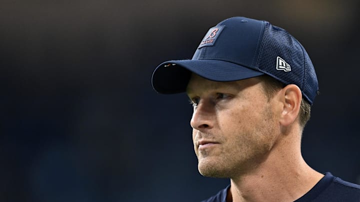 Sep 14, 2025; Detroit, Michigan, USA; Chicago Bears head coach Ben Johnson looks on during warmups prior to the game against the Detroit Lions at Ford Field. Mandatory Credit: Lon Horwedel-Imagn Images
