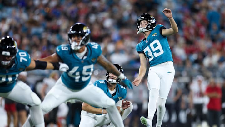 Aug 17, 2024; Jacksonville, Florida, USA; Jacksonville Jaguars kicker Cam Little (39) kicks a extra point against the Tampa Bay Buccaneers in the second quarter during a preseason game at EverBank Stadium. 