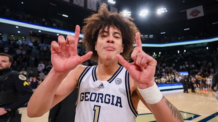 Feb 15, 2025; Atlanta, Georgia, USA; Georgia Tech Yellow Jackets guard Naithan George (1) celebrates after an overtime victory over the California Golden Bears at McCamish Pavilion. Mandatory Credit: Brett Davis-Imagn Images Feb 15, 2025; Atlanta, Georgia, USA; Georgia Tech Yellow Jackets guard Naithan George (1) celebrates after an overtime victory over the California Golden Bears at McCamish Pavilion. Mandatory Credit: Brett Davis-Imagn Images