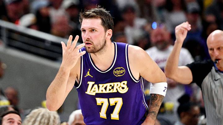 Mar 25, 2026; Indianapolis, Indiana, USA; Los Angeles Lakers guard Luka Doncic (77) celebrates a three point shot during the second quarter against the Indiana Pacers at Gainbridge Fieldhouse. Mandatory Credit: Marc Lebryk-Imagn Images Mar 25, 2026; Indianapolis, Indiana, USA; Los Angeles Lakers guard Luka Doncic (77) celebrates a three point shot during the second quarter against the Indiana Pacers at Gainbridge Fieldhouse. Mandatory Credit: Marc Lebryk-Imagn Images