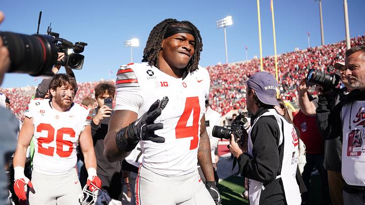 Oct 17, 2026; Bloomington, Indiana, USA; Ohio State Buckeyes wide receiver Jeremiah Smith (4) celebrates after the game against the Indiana Hoosiers at Merchants Bank Field at Memorial Stadium. Mandatory Credit: Robert Goddin-Imagn Images Oct 17, 2026; Bloomington, Indiana, USA; Ohio State Buckeyes wide receiver Jeremiah Smith (4) celebrates after the game against the Indiana Hoosiers at Merchants Bank Field at Memorial Stadium. Mandatory Credit: Robert Goddin-Imagn Images