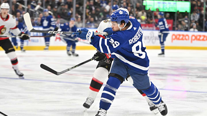 Nov 8, 2023; Toronto, Ontario, CAN; Toronto Maple Leafs forward Nick Robertson (89) shoots the puck