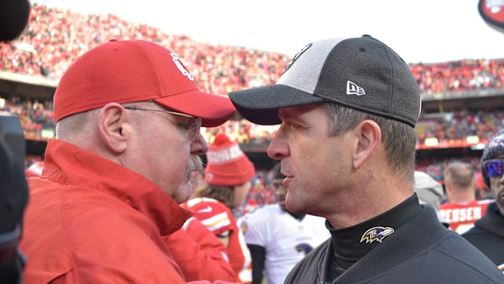 Dec 9, 2018; Kansas City, MO, USA; Kansas City Chiefs head coach Andy Reid talks with Baltimore Ravens head coach John Harbaugh after the game at Arrowhead Stadium. Mandatory Credit: Denny Medley-Imagn Images