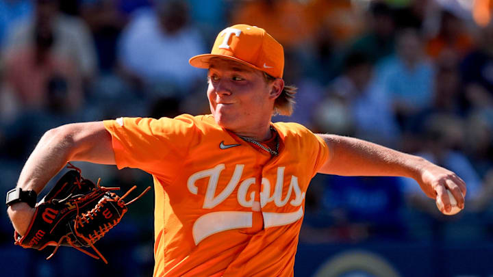May 22, 2025; Hoover, AL, USA; Tennessee pitcher Liam Doyle (12) pitches against Texas in the third round of the SEC Baseball Tournament at the Hoover Met.