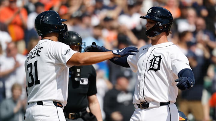 Detroit Tigers catcher Dillon Dingler (13) receives congratulations from left fielder Riley Greene (31) after he hits a two run home run in the fourth inning against the St. Louis Cardinals at Comerica Park. Detroit Tigers catcher Dillon Dingler (13) receives congratulations from left fielder Riley Greene (31) after he hits a two run home run in the fourth inning against the St. Louis Cardinals at Comerica Park.