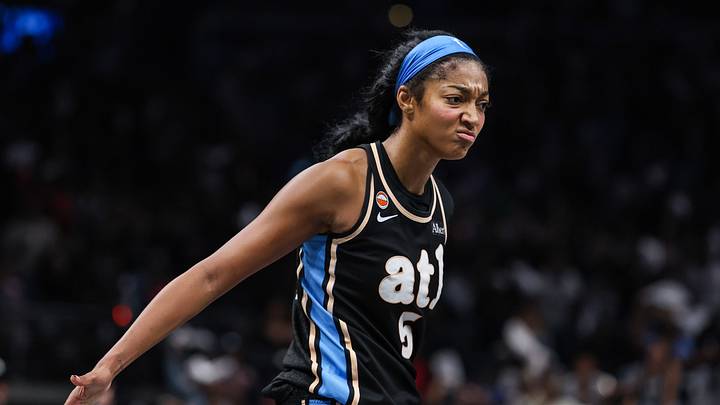 Oct 7, 2026; Atlanta, Georgia, USA;  Atlanta Dream forward Angel Reese (5) reacts to a play against the New York Liberty during overtime of game two of the second round for the 2026 WNBA Playoffs at State Farm Arena.  Mandatory Credit: Jordan Godfree-Imagn Images