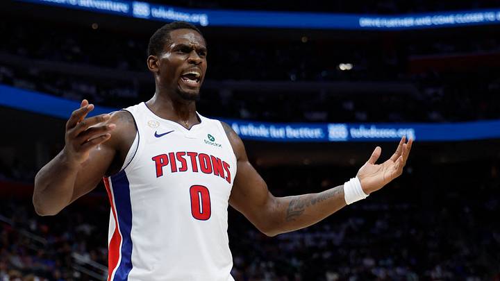 Oct 20, 2026; Detroit, Michigan, USA;  Detroit Pistons center Jalen Duren (0) reacts during the first half against the Boston Celtics at Little Caesars Arena.  Mandatory Credit: Rick Osentoski-Imagn Images
