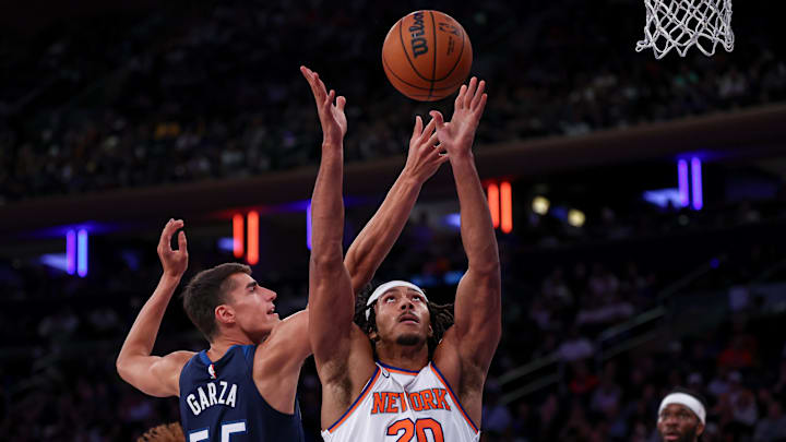 Oct 13, 2024; New York, New York, USA; New York Knicks center Jericho Sims (20) rebounds against Minnesota Timberwolves center Luka Garza (55) during the second half at Madison Square Garden. Mandatory Credit: Vincent Carchietta-Imagn Images
