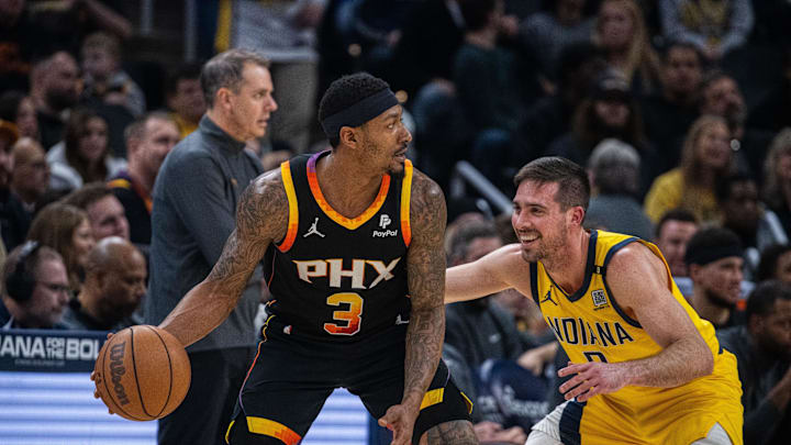 Jan 26, 2024; Indianapolis, Indiana, USA; Phoenix Suns guard Bradley Beal (3) dribbles the ball while Indiana Pacers guard T.J. McConnell (9) defends in the first half at Gainbridge Fieldhouse. Mandatory Credit: Trevor Ruszkowski-Imagn Images Jan 26, 2024; Indianapolis, Indiana, USA; Phoenix Suns guard Bradley Beal (3) dribbles the ball while Indiana Pacers guard T.J. McConnell (9) defends in the first half at Gainbridge Fieldhouse. Mandatory Credit: Trevor Ruszkowski-Imagn Images