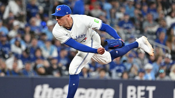 Apr 8, 2024; Toronto, Ontario, CAN; Toronto Blue Jays relief pitcher Chad Green (57) delivers a pitch against the Seattle Mariners in the ninth inning at Rogers Centre. Mandatory Credit: Dan Hamilton-USA TODAY Sports