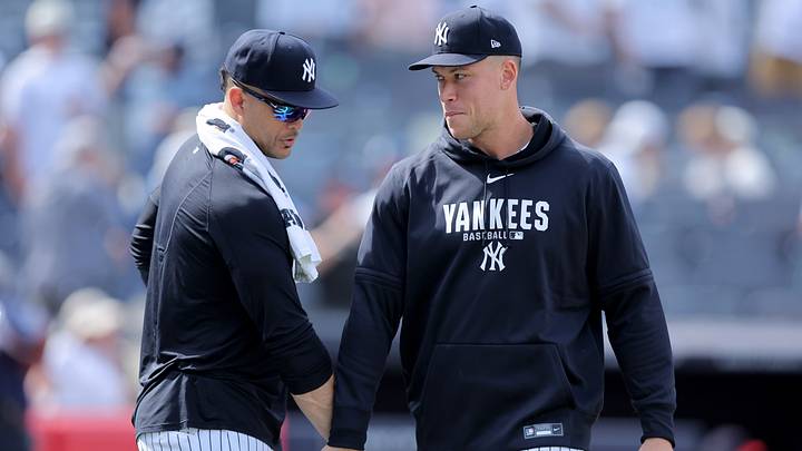 Jun 4, 2026; Bronx, New York, USA; New York Yankees injured players Giancarlo Stanton (27) and Aaron Judge (99) celebrate after defeating the Cleveland Guardians at Yankee Stadium. Mandatory Credit: Brad Penner-Imagn Images Jun 4, 2026; Bronx, New York, USA; New York Yankees injured players Giancarlo Stanton (27) and Aaron Judge (99) celebrate after defeating the Cleveland Guardians at Yankee Stadium. Mandatory Credit: Brad Penner-Imagn Images