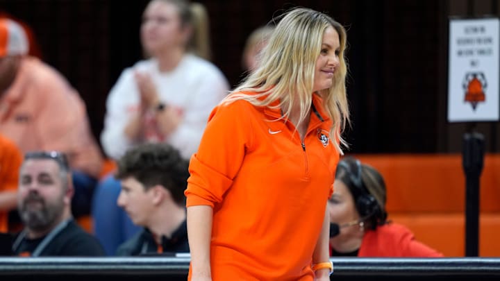 Oklahoma State coach Jacie Hoyt smiles during a women's college basketball game between the Oklahoma State Cowgirls (OSU) and the Arizona State Sun Devils at Gallagher-Iba Arena in Stillwater, Okla., Wednesday, Jan. 29, 2025. Oklahoma State coach Jacie Hoyt smiles during a women's college basketball game between the Oklahoma State Cowgirls (OSU) and the Arizona State Sun Devils at Gallagher-Iba Arena in Stillwater, Okla., Wednesday, Jan. 29, 2025.