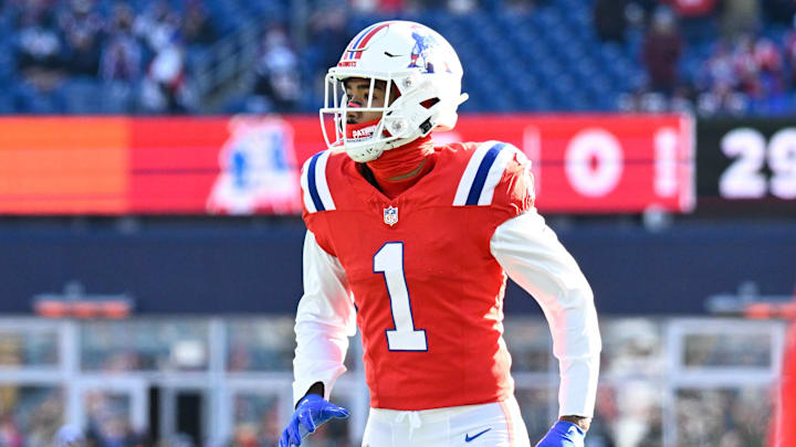 Dec 1, 2024; Foxborough, Massachusetts, USA; New England Patriots wide receiver Ja'Lynn Polk (1) warms up before a game against the Indianapolis Colts at Gillette Stadium.