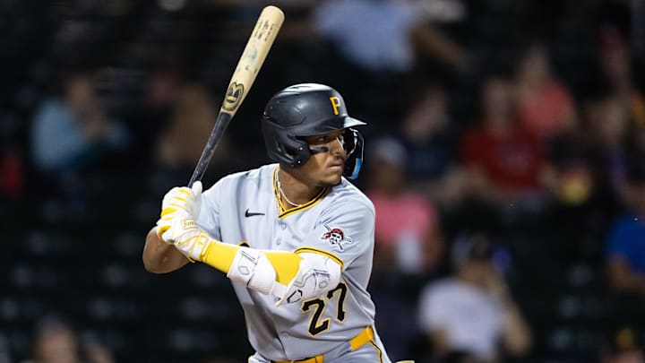 Nov 9, 2025; Mesa, AZ, USA; Pittsburgh Pirates outfielder Esmerlyn Valdez during the Arizona Fall League Fall Stars Game at Sloan Park. Mandatory Credit: Mark J. Rebilas-Imagn Images