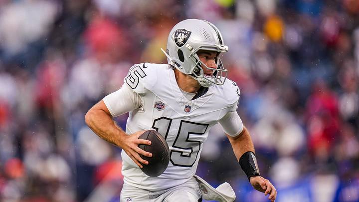 Oct 11, 2026; Foxborough, Massachusetts, USA; Las Vegas Raiders quarterback Fernando Mendoza (15) runs the ball against the New England Patriots in the second half quarter at Gillette Stadium. Mandatory Credit: David Butler II-Imagn Images