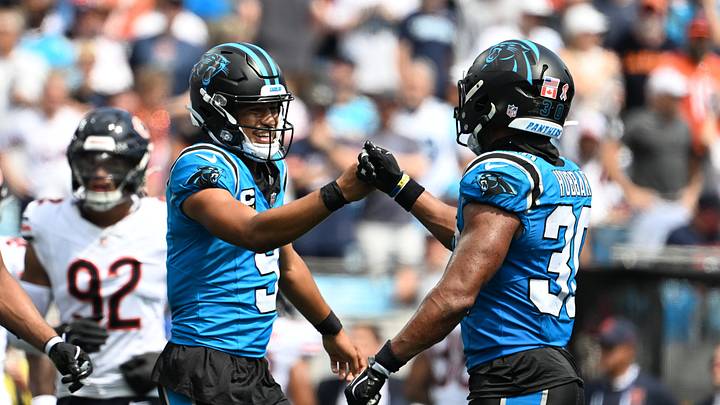 Carolina Panthers quarterback Bryce Young (9) celebrates scoring a touchdown Carolina Panthers quarterback Bryce Young (9) celebrates scoring a touchdown