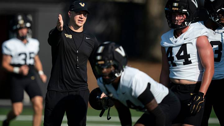 Vanderbilt Coach Clark Lea works with his team on kick return coverage during practice at Vanderbilt University Wednesday, Aug. 5, 2026.