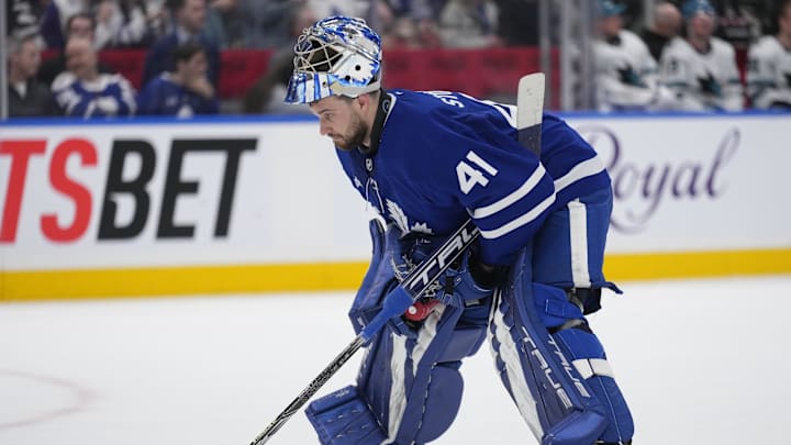 Mar 3, 2025; Toronto, Ontario, CAN; Toronto Maple Leafs goaltender Anthony Stolarz (41) skates to his net during overtime against the San Jose Sharks at Scotiabank Arena. Mandatory Credit: John E. Sokolowski-Imagn Images