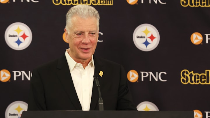 Jan 14, 2026; Pittsburgh, PA, USA;  Pittsburgh Steelers president Art Rooney II speaks at a press conference at Acrisure Stadium. Mandatory Credit: Charles LeClaire-Imagn Images
