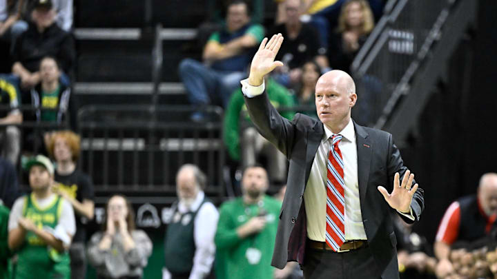 Jan 5, 2025; Eugene, Oregon, USA; Maryland Terrapins head coach Kevin Willard calls a play during the first half against the Oregon Ducks at Matthew Knight Arena. Mandatory Credit: Craig Strobeck-Imagn Images