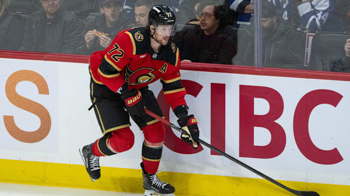 Mar 21, 2026; Ottawa, Ontario, CAN; Ottawa Senators defenseman Thomas Chabot (72) skates with the puck in the third period against. the Toronto Maple Leafs   at the Canadian Tire Centre. Mandatory Credit: Marc DesRosiers-IMAGN Images