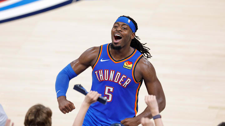 Jun 22, 2025; Oklahoma City, Oklahoma, USA; Oklahoma City Thunder guard Luguentz Dort (5) celebrates after a play against the Indiana Pacers during game seven of the 2025 NBA Finals at Paycom Center. Mandatory Credit: Alonzo Adams-Imagn Images