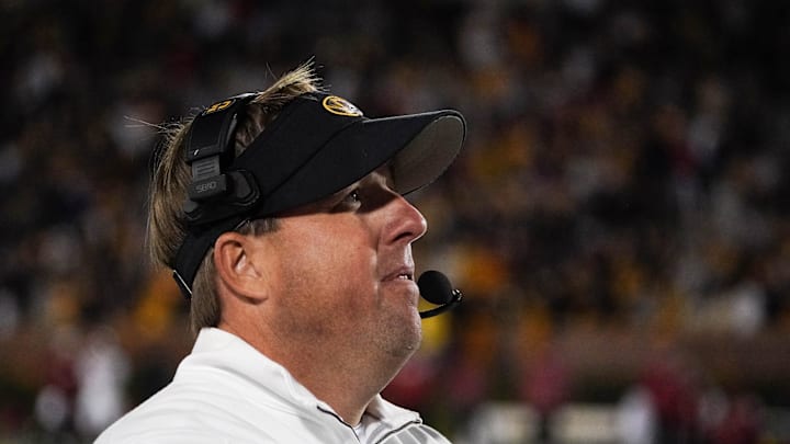 Nov 25, 2022; Columbia, Missouri, USA; Missouri Tigers head coach Eli Drinkwitz watches play against the Arkansas Razorbacks during the game at Faurot Field at Memorial Stadium. Mandatory Credit: Denny Medley-Imagn Images