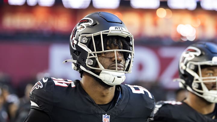 Dec 21, 2025; Glendale, Arizona, USA; Atlanta Falcons defensive end Leonard Floyd (56) against the Arizona Cardinals at State Farm Stadium. Mandatory Credit: Mark J. Rebilas-Imagn Images Dec 21, 2025; Glendale, Arizona, USA; Atlanta Falcons defensive end Leonard Floyd (56) against the Arizona Cardinals at State Farm Stadium. Mandatory Credit: Mark J. Rebilas-Imagn Images