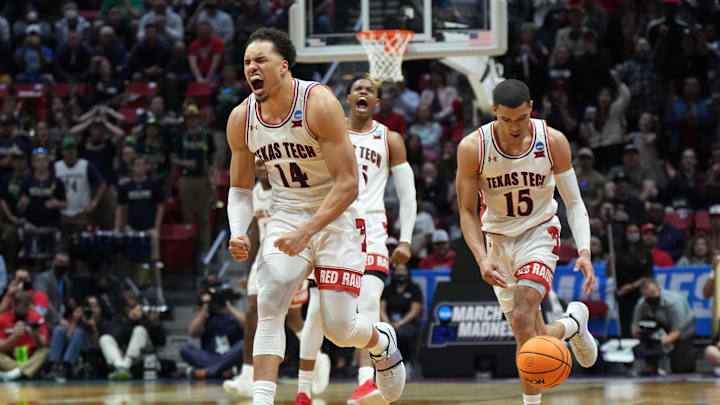 Texas Tech Red Raiders forward Marcus Santos-Silva celebrates as his team moves on to the Sweet 16 in the West Regional in San Francisco